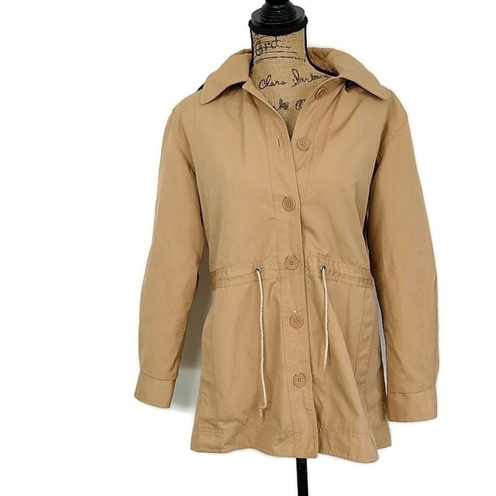 Vtg Town House Womens sz 10 Coat Tan Button Up Cinch Waist Hooded Faux Fur Lined